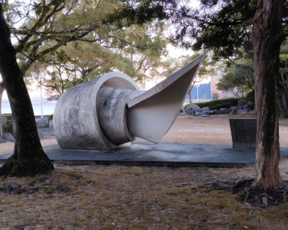 Spiral-shaped concrete sculpture in twilight park setting