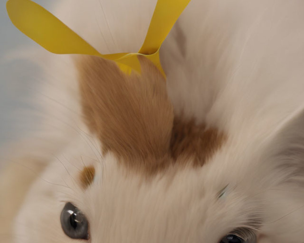White and tan rabbit with yellow ribbon in close-up view