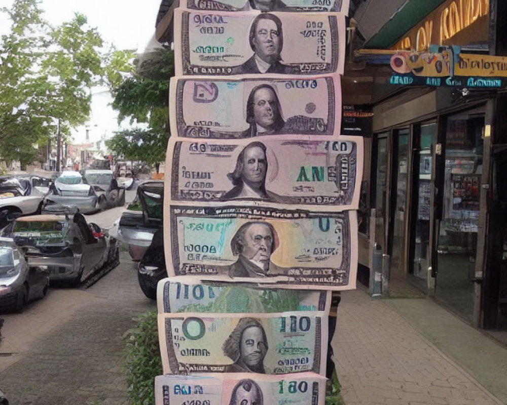 Oversized novelty currency bills on sidewalk with vehicles and storefront
