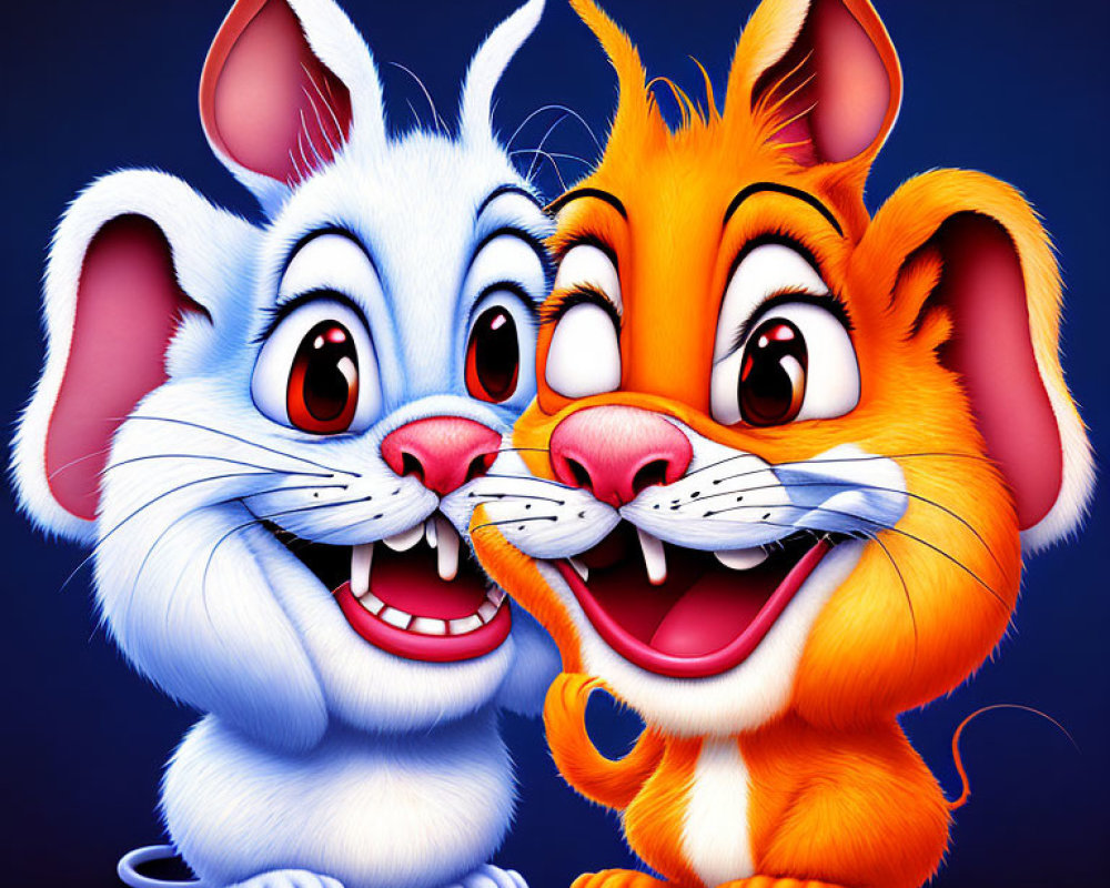 Colorful illustration of white mouse and orange cat with exaggerated facial features on blue background