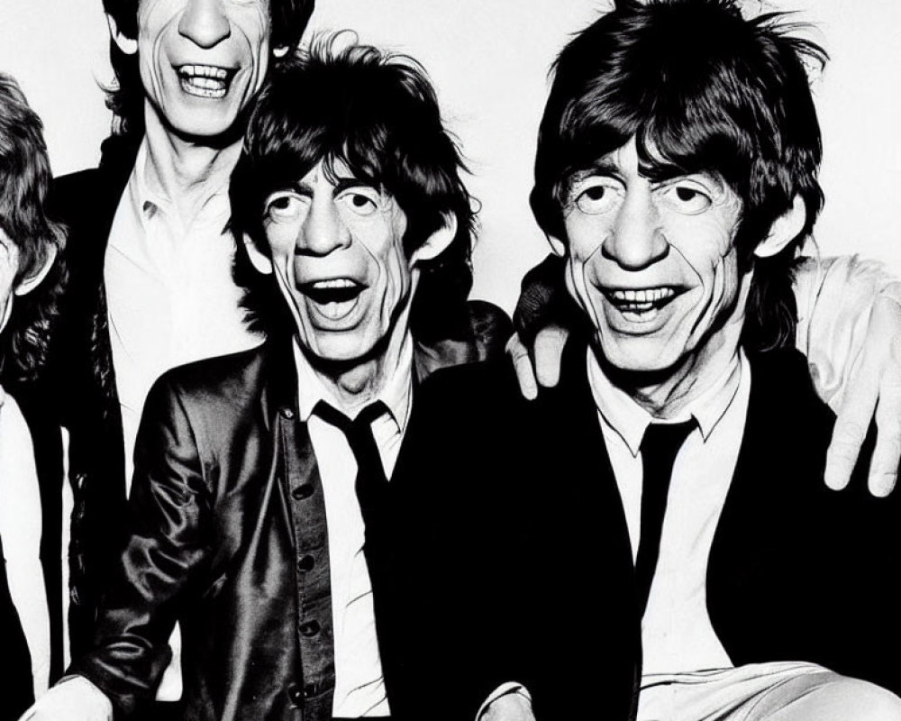 Iconic Shaggy Hairstyles and Playful Smiles in Monochromatic Photo