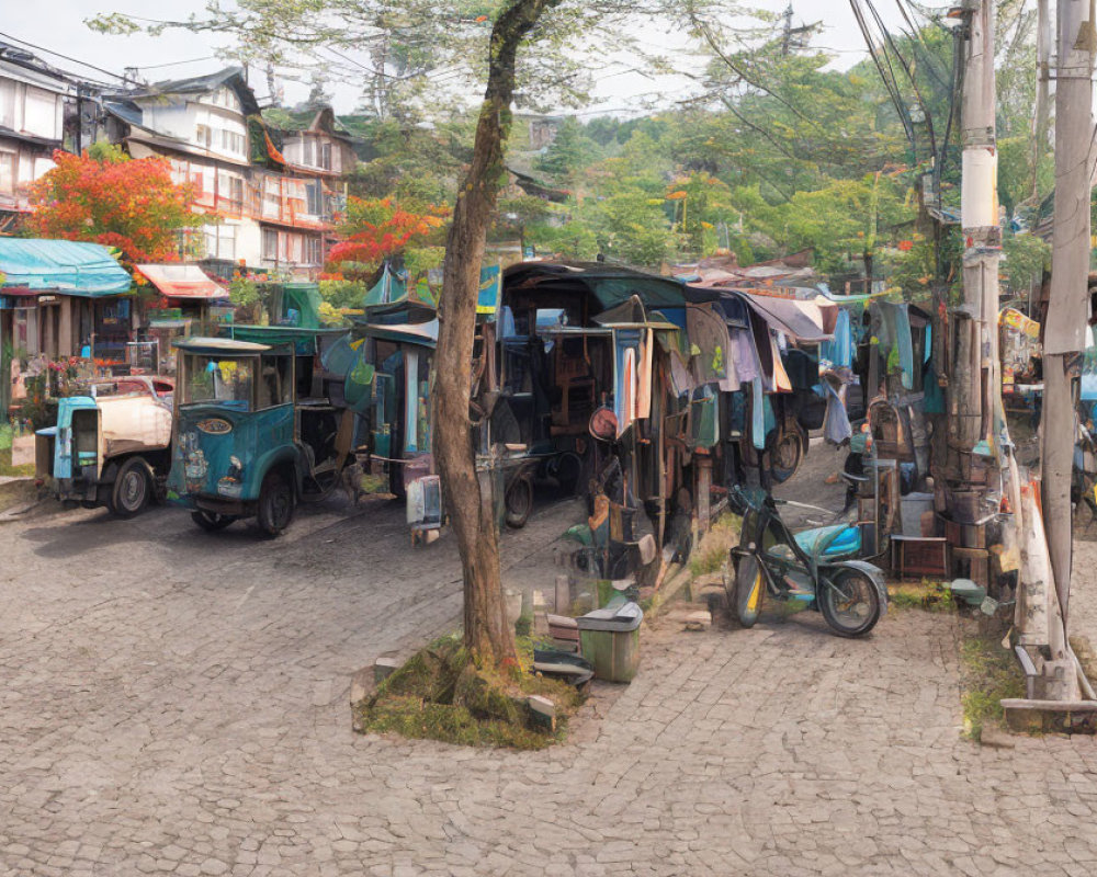 Clothes drying among tuk-tuks and buildings in urban scene