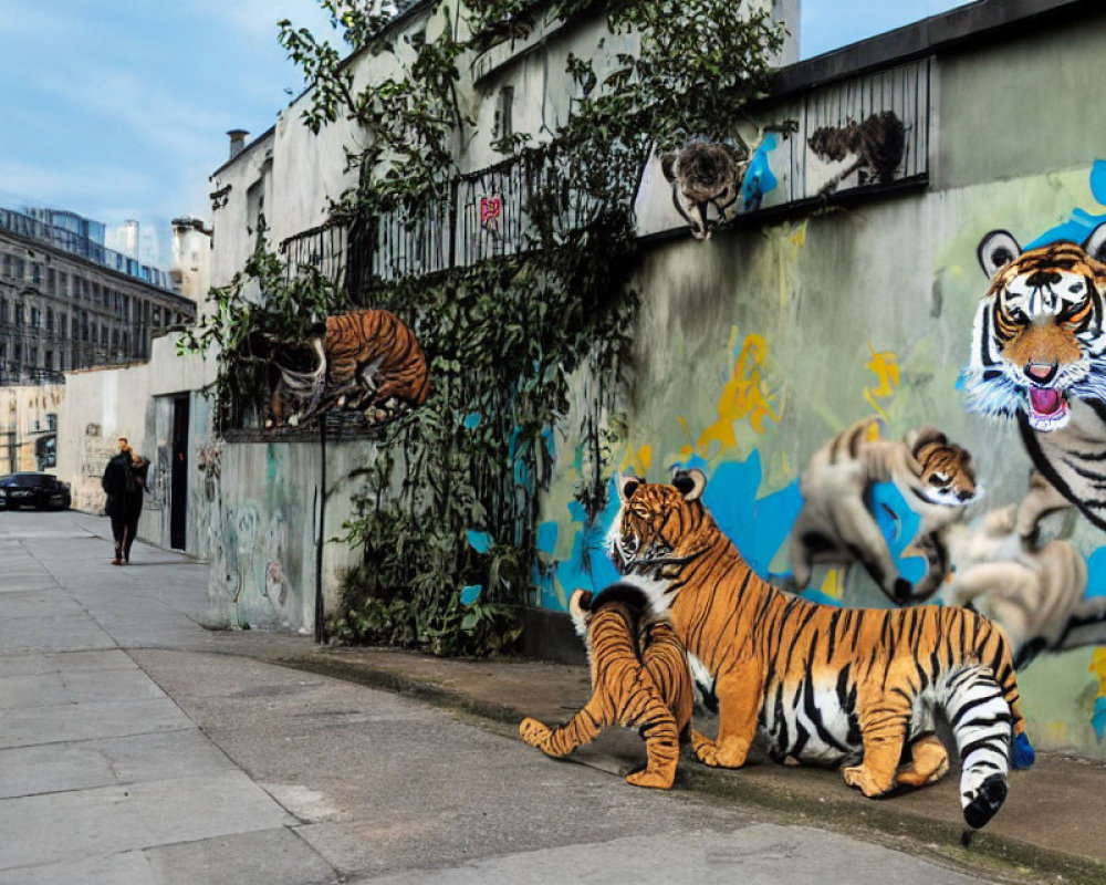 Colorful Tiger Street Art Mural with Urban Background