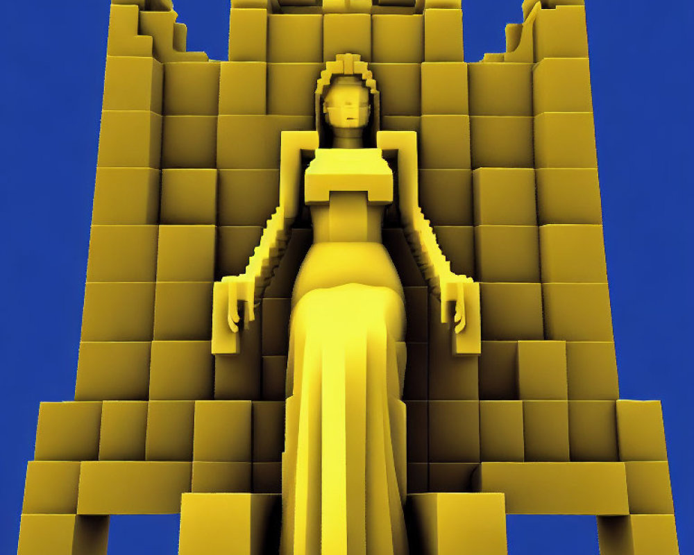 Golden 3D Seated Woman Sculpture in Front of Temple Structure