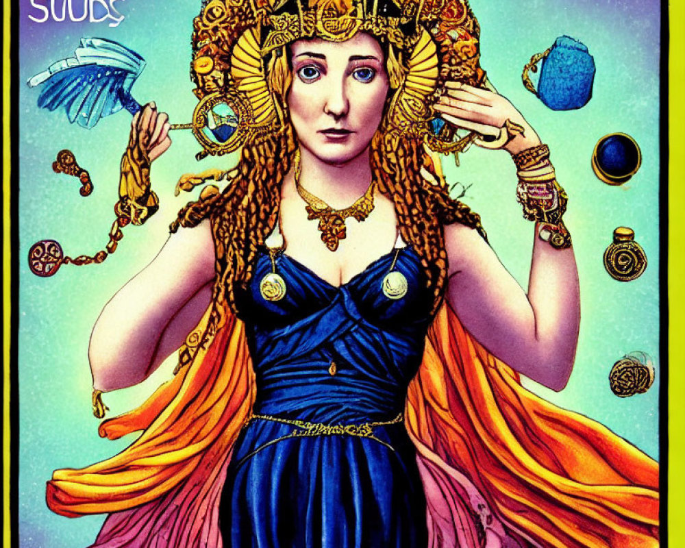 Colorful illustration of woman with golden headpiece, braided hair, blue gown, and floating jewelry