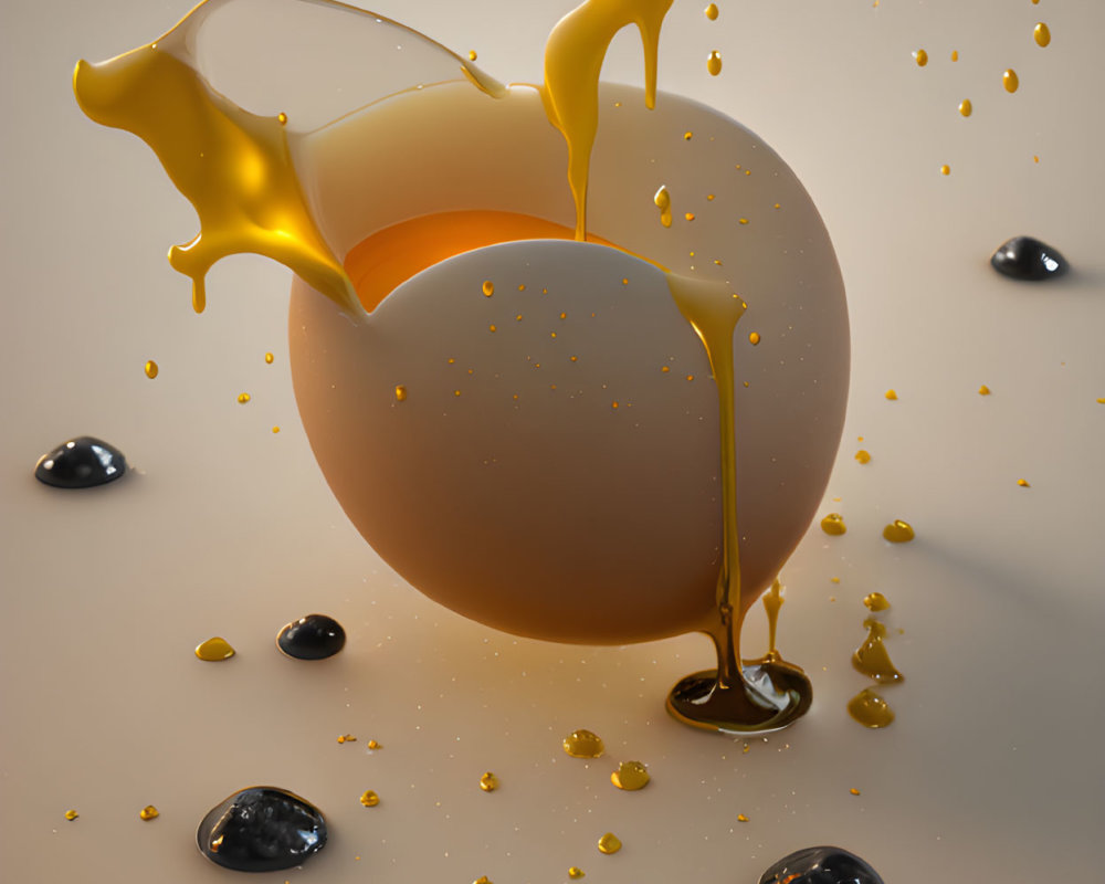 Orange sphere with golden liquid splash in 3D rendering
