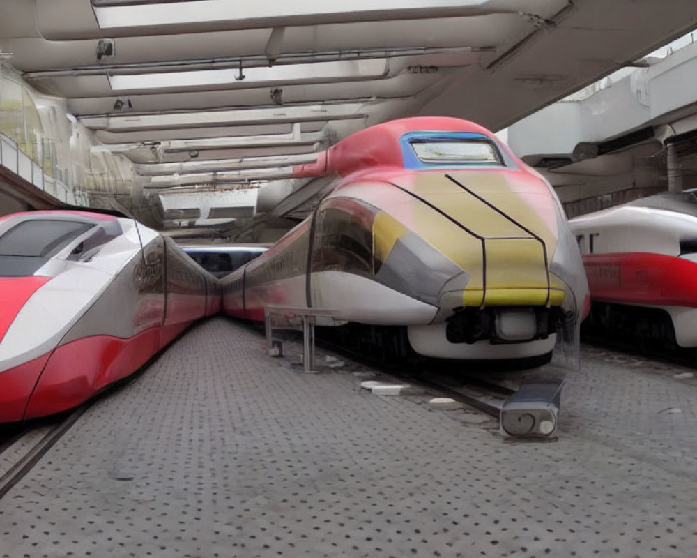 Modern high-speed trains with sleek designs and colorful liveries