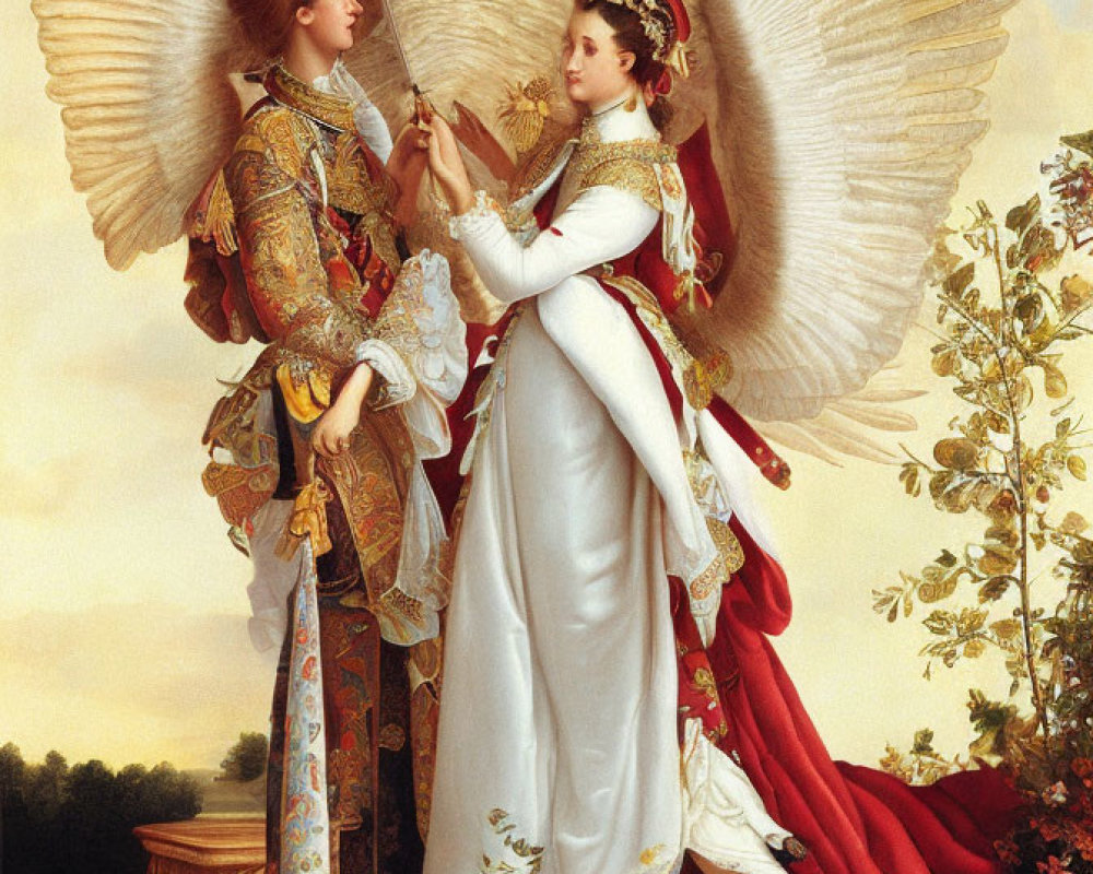 Opulent painting of man and woman in regal attire exchanging glance