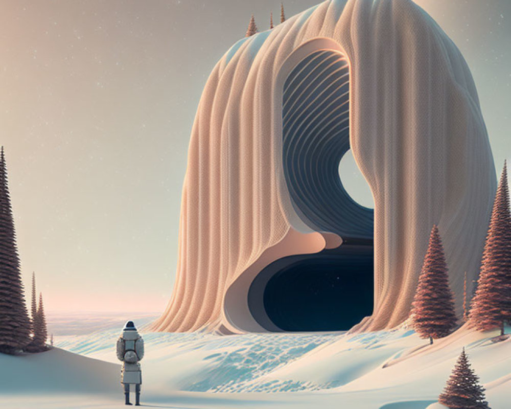 Astronaut in surreal landscape with flowing structure and crescent moon