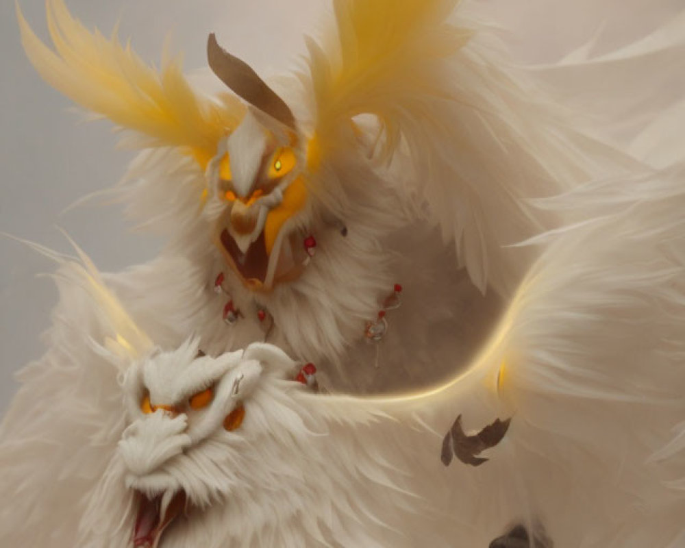 Mythical creature with white feathered body and golden halo, bird-like head with orange eyes.