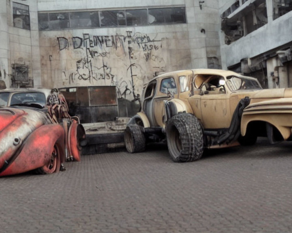 Dilapidated hot rod vehicles in post-apocalyptic urban setting