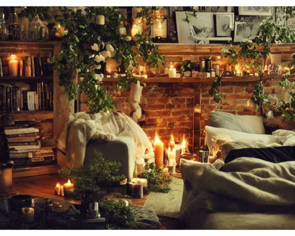 Cozy Room with Brick Fireplace, Fairy Lights, Books, Candles, and Plush Seating