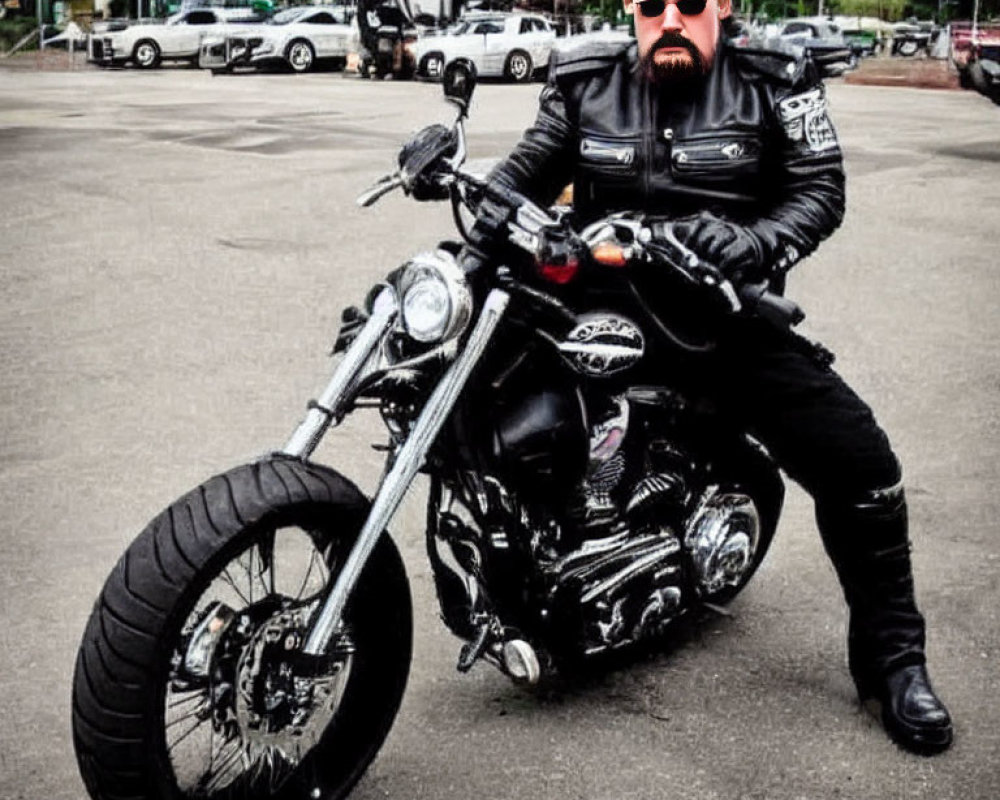 Person in Black Leather Jacket Poses on Motorcycle with High Handlebars