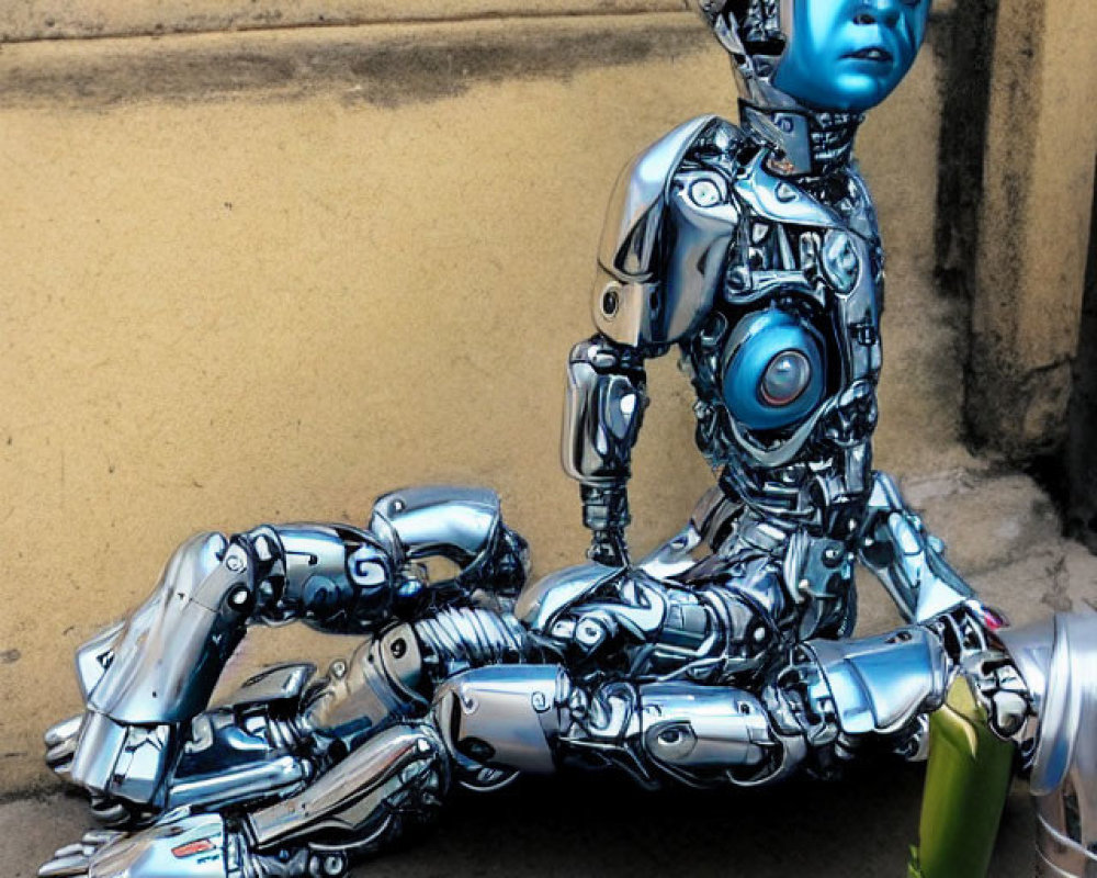Detailed CG humanoid robot illustration with blue head and intricate mechanical body.