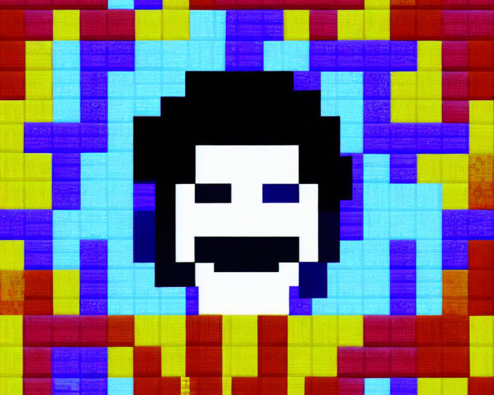 Smiling face with black hair on colorful pixelated grid