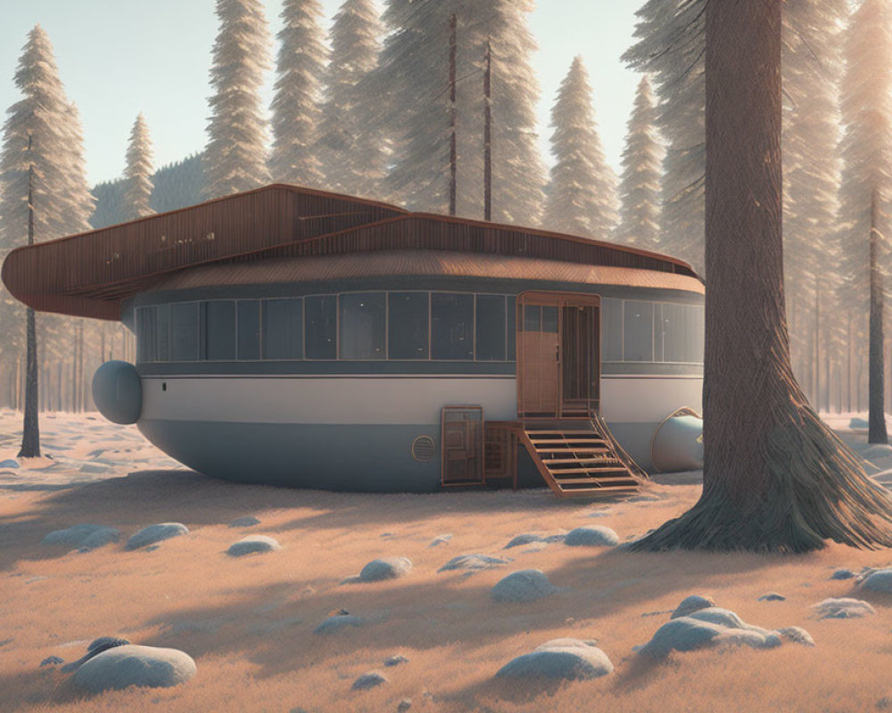 Futuristic UFO-shaped house in snowy forest with tall pine trees