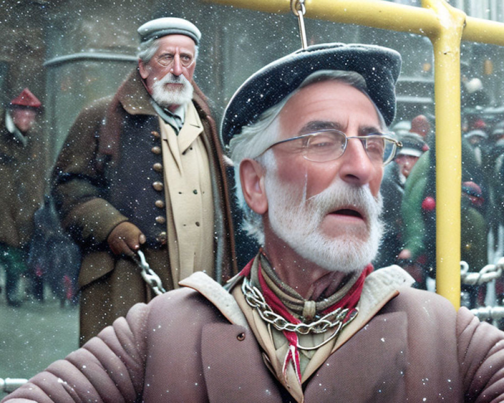 Elderly Man in Cap Contemplating Snowy City Scene