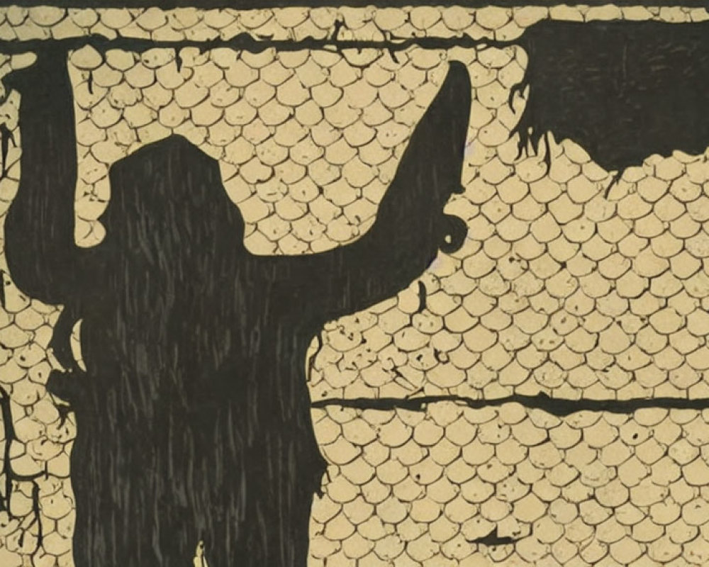 Silhouetted figure with raised arms on mosaic-like background