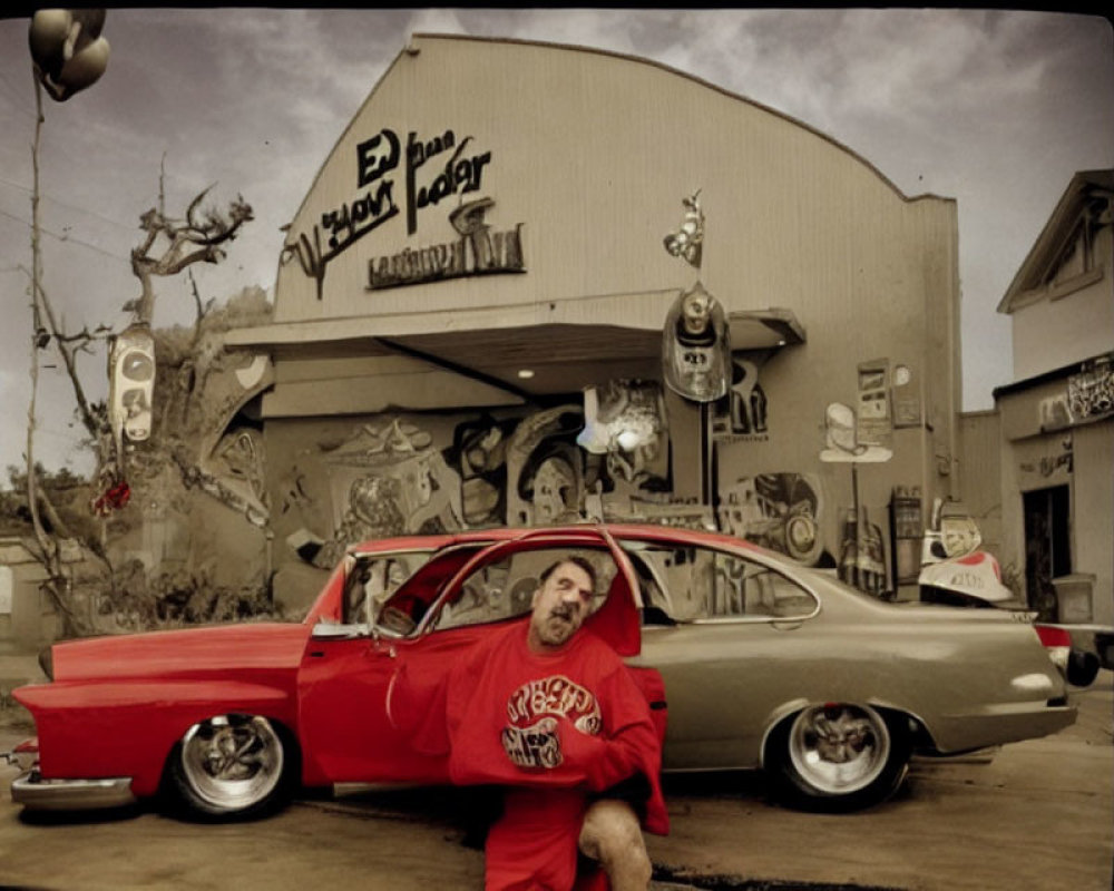 Man in red shirt leaning on classic red car in front of eclectic building with "El Paso Wre