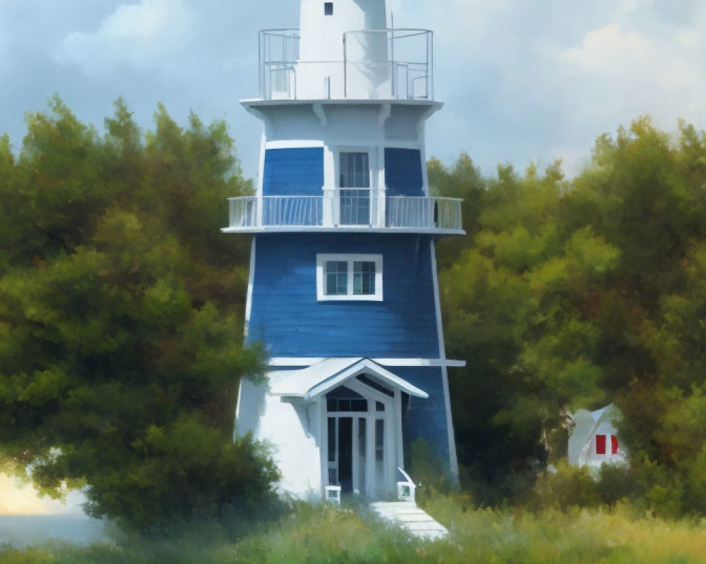 Scenic blue and white lighthouse painting near calm water