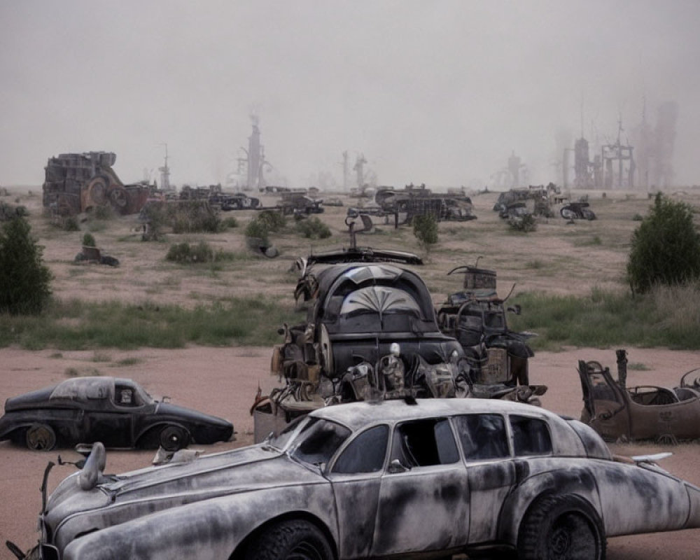 Desolate post-apocalyptic landscape with derelict vehicles and industrial structures.