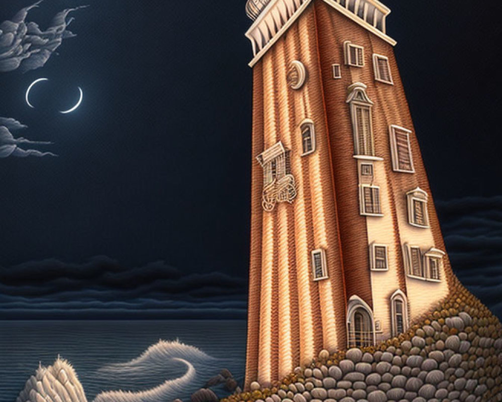 Illustration of tall lighthouse on rocky shore at night with animal-shaped waves and clouds under crescent