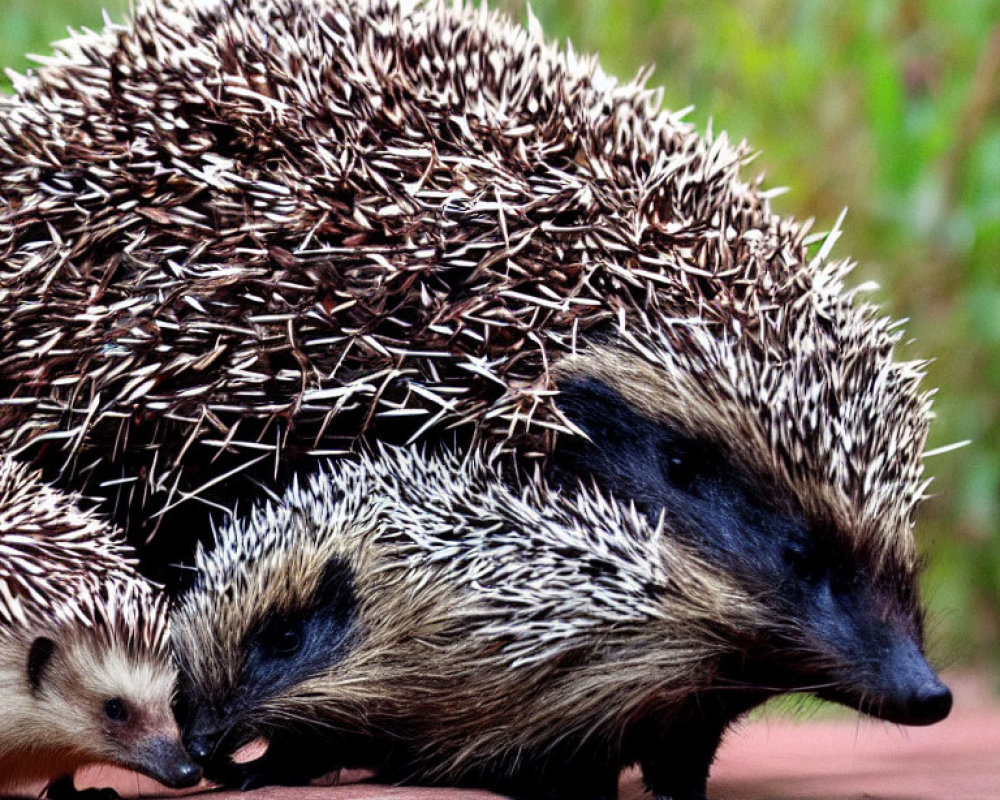 Two hedgehogs with sharp spines walking on red surface with blurred green background