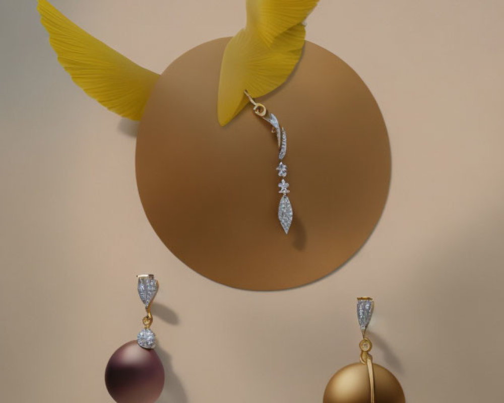 Feather Motif Jewelry Arrangement on Beige Background