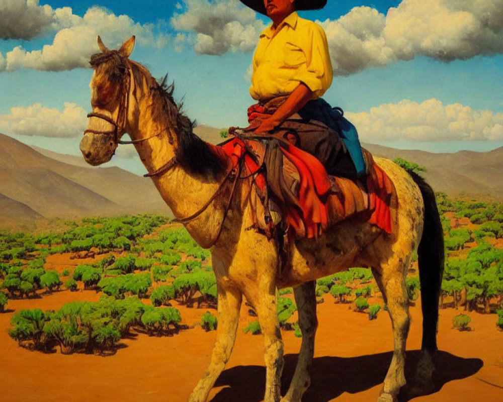 Person in Sombrero Riding Horse in Desert Landscape