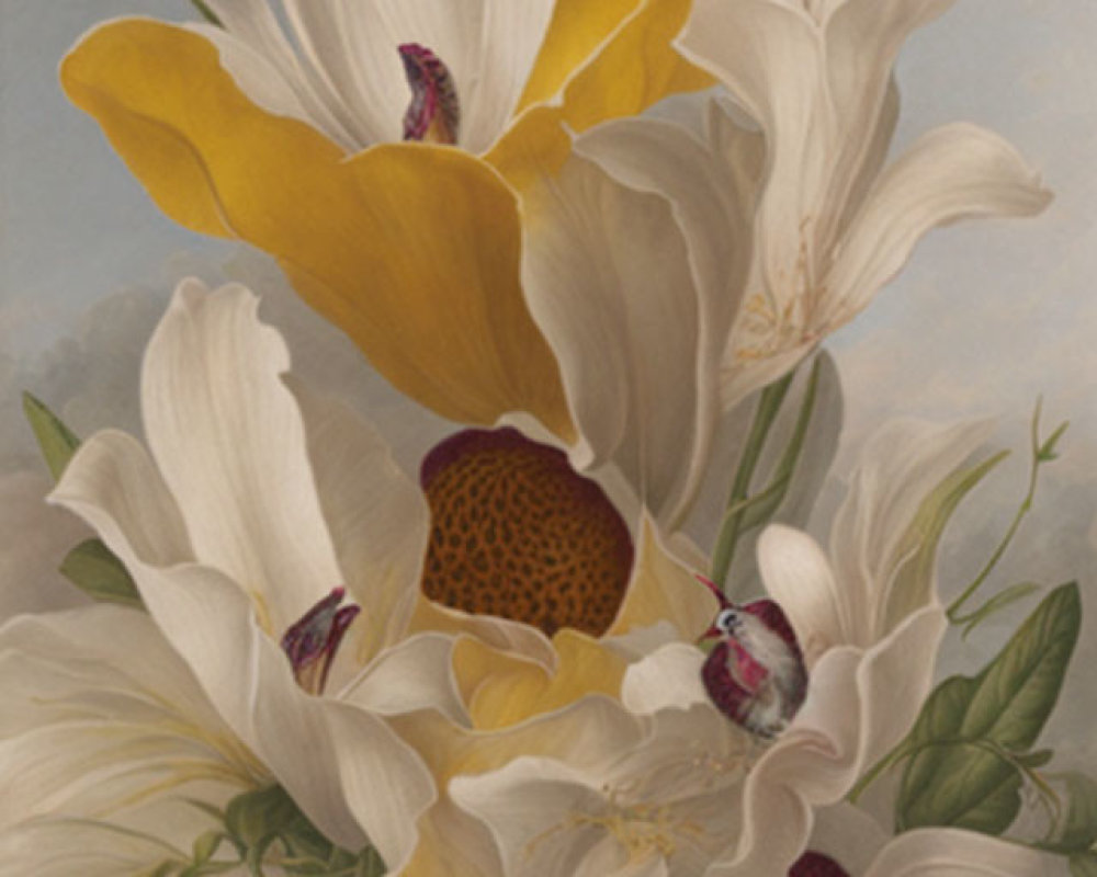 Large White and Yellow Flowers with Prominent Stamens and Small Insects - Detailed Painting