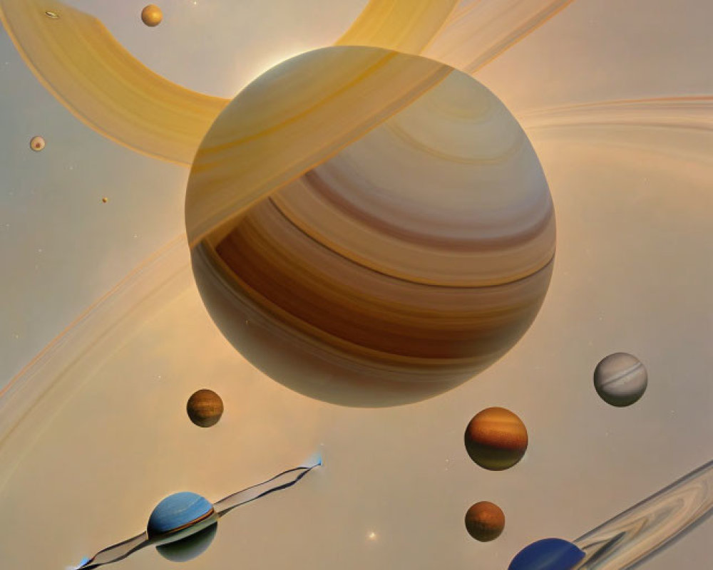 Illustration of planets with rings and moons in starry sky