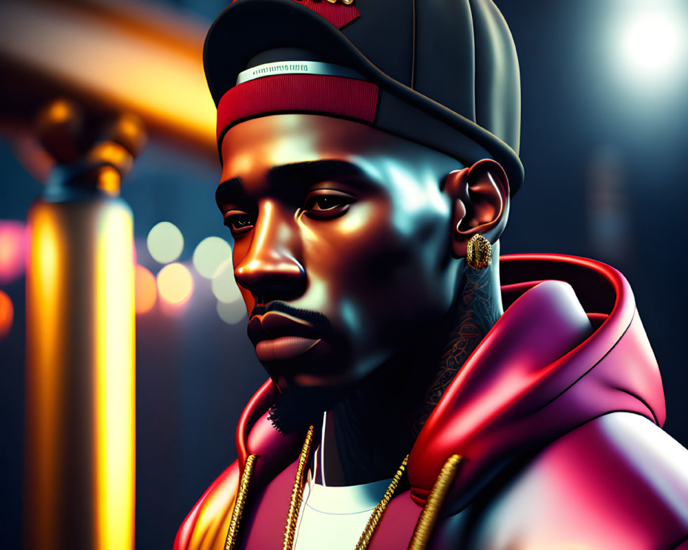 Digital portrait of a man with beard and cap in pink hoodie, set in urban night scene