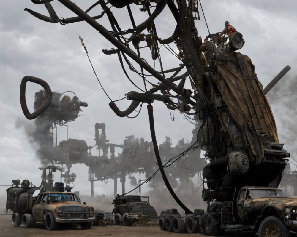 Post-apocalyptic scene with large mechanical structure and armored vehicles under cloudy sky