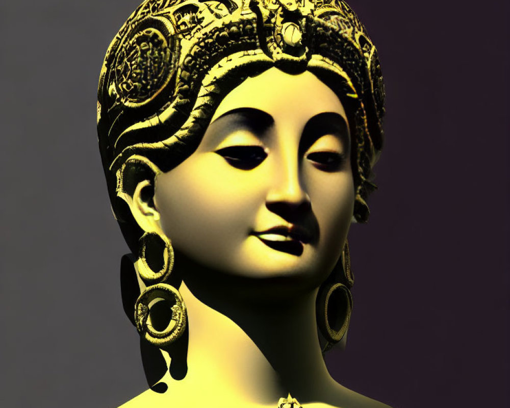 Golden Asian Female Bust with Intricate Headgear and Jewelry on Muted Background