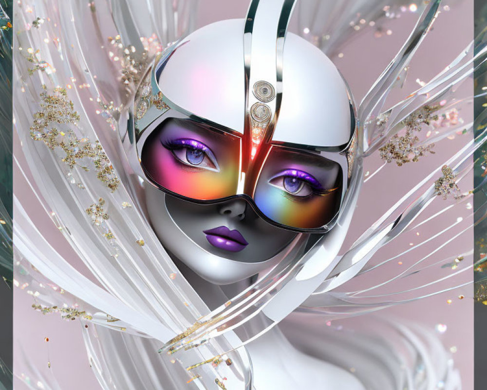 Futuristic digital artwork of female figure with silver mask and purple eyes