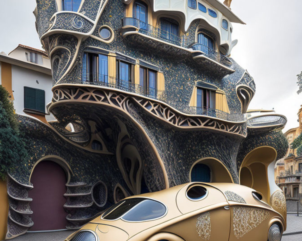 Ornate curved architecture with detailed patterns and unique car design