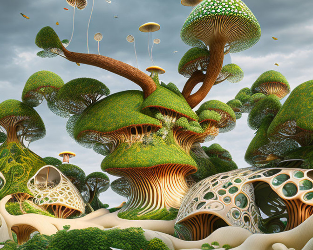 Whimsical landscape with oversized mushrooms and lush greenery