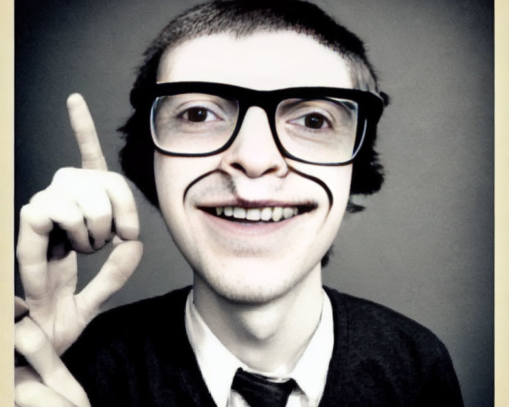 Exaggerated facial features with large glasses and mustache on gray background