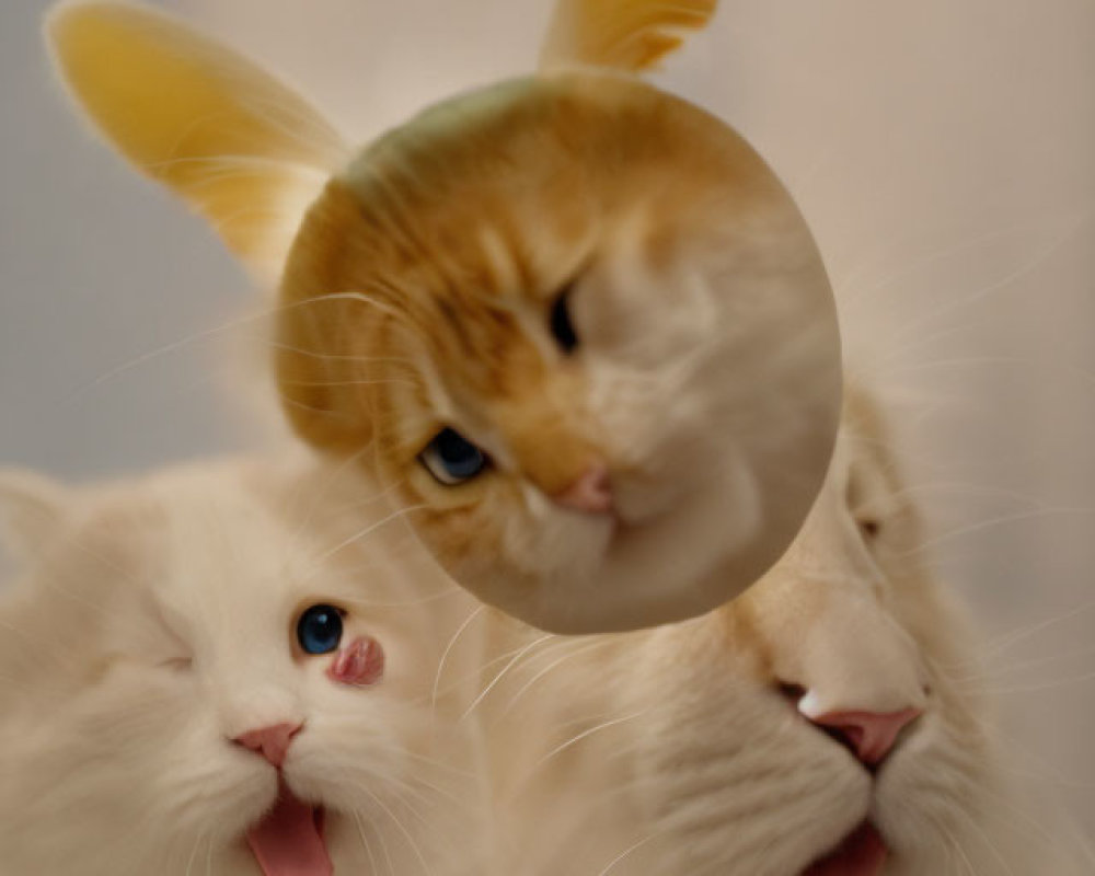 Three cats with magnifying glass focusing on one, two cats yawning in soft background.