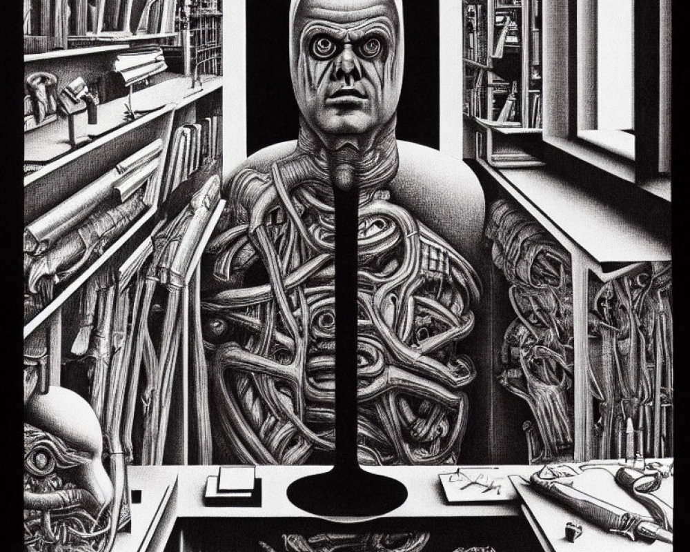 Monochromatic illustration of humanoid bust with exposed muscles against bookshelves and anatomical drawings