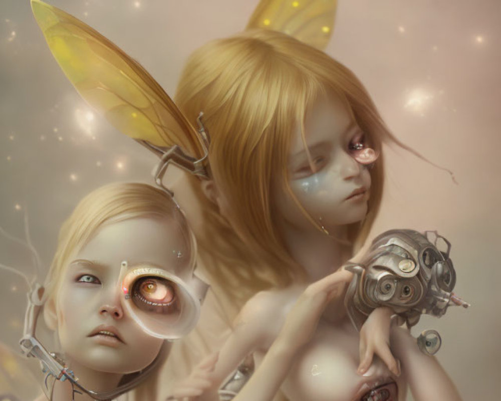 Fantasy figures with mechanical parts and fairy wings in dreamy setting