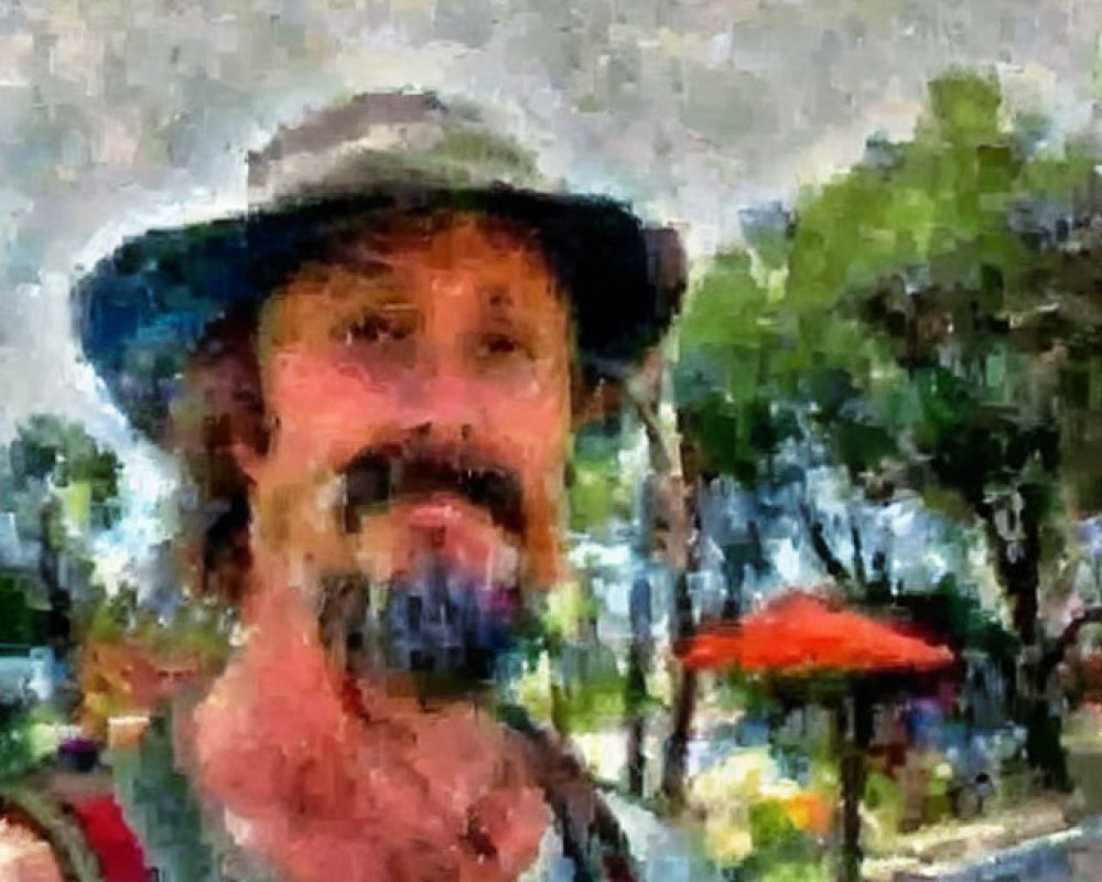 Bearded person in hat taking selfie with impressionistic background