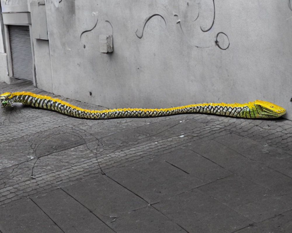 Vibrant realistic snake sculpture against abstract metal wall art