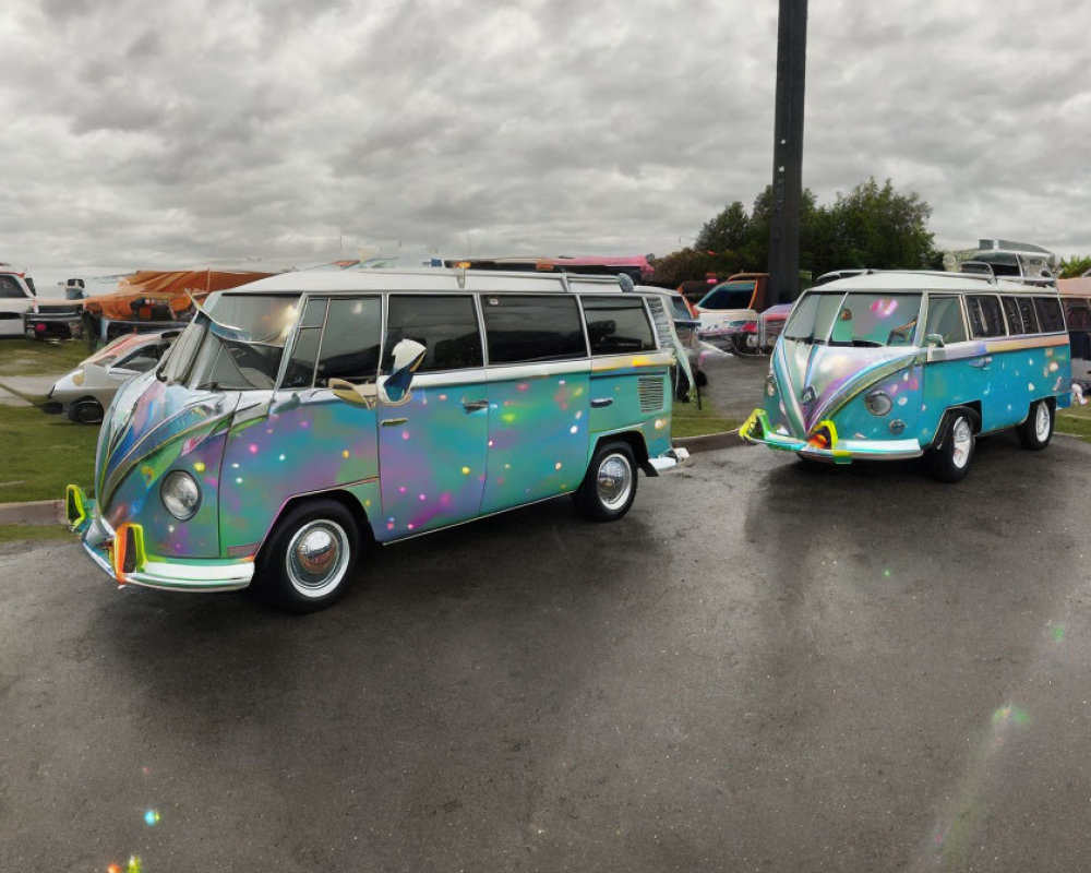 Vintage Volkswagen buses with custom paint jobs parked on wet surface among other vehicles