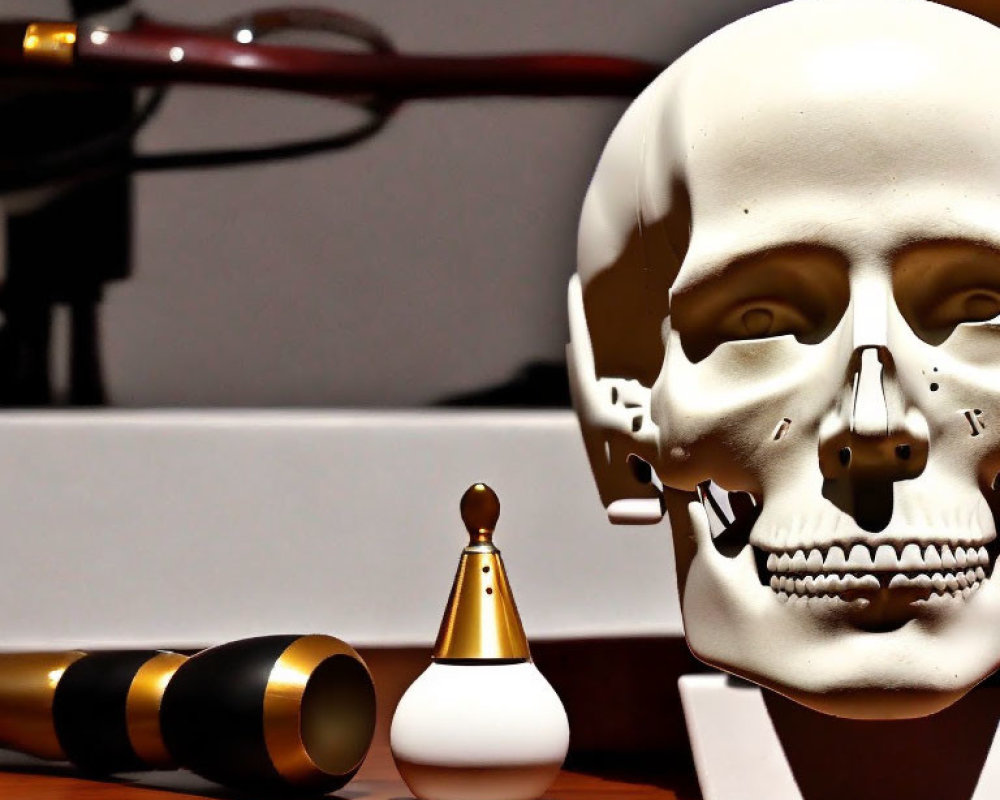 Human Skull Model with Cosmetics on Table