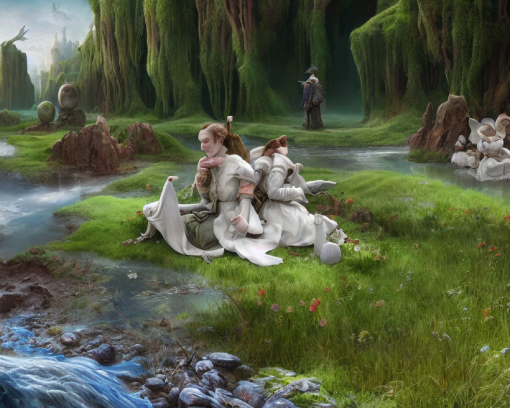 Tranquil fantasy landscape with woman, children, man, lush greenery