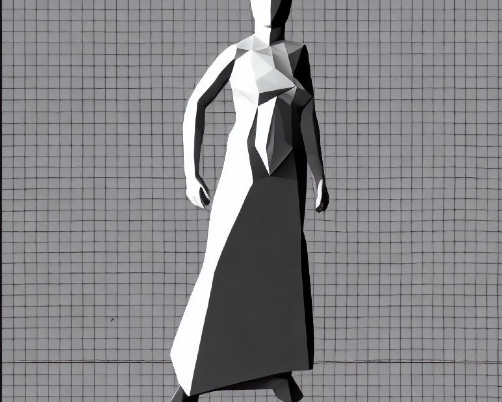 Monochrome low-poly digital art: figure in flowing garment on checkered floor