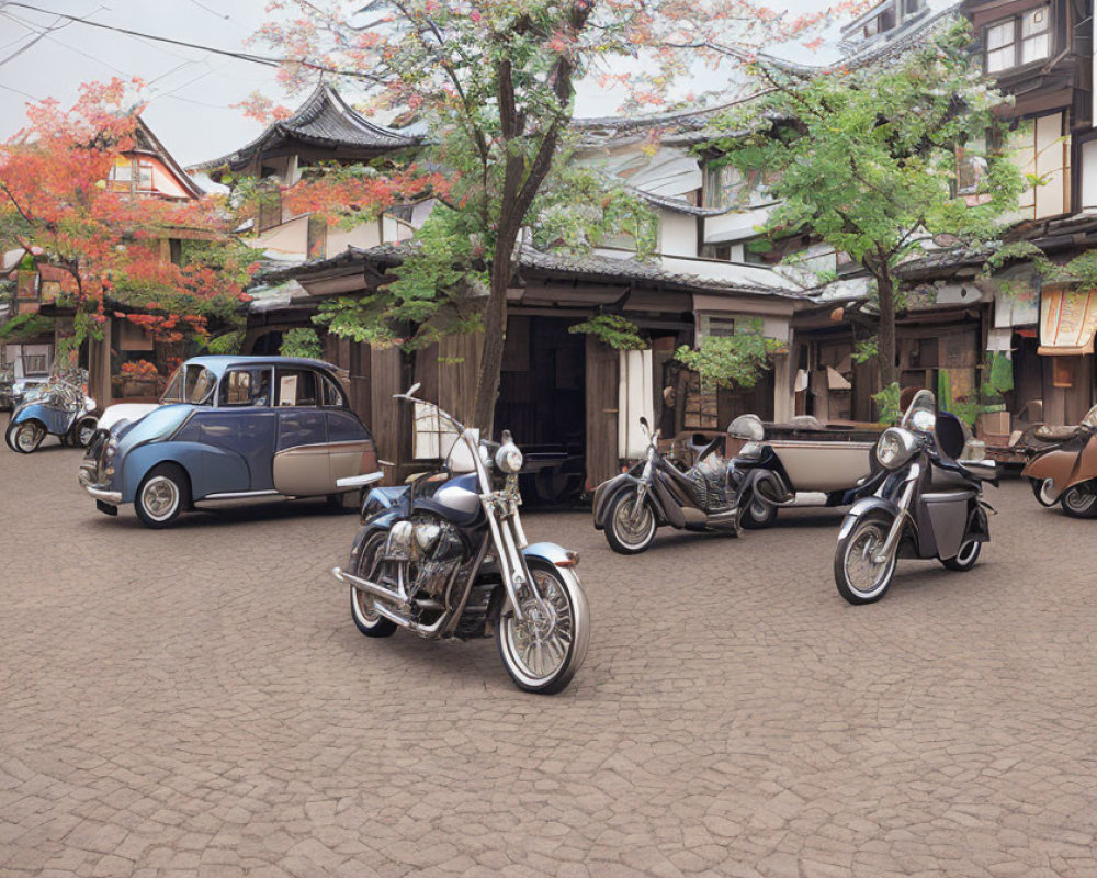 Vintage motorcycles and classic car on stone-paved street with traditional buildings and fall foliage.