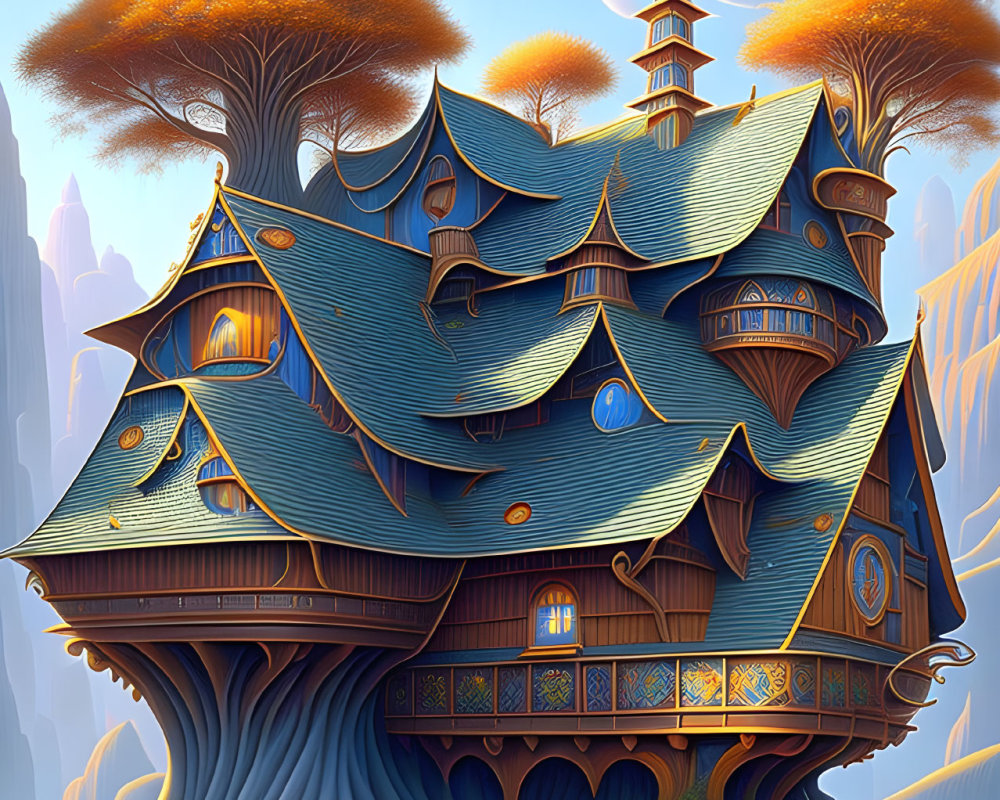 Fantasy treehouse illustration with glowing windows and mountain backdrop