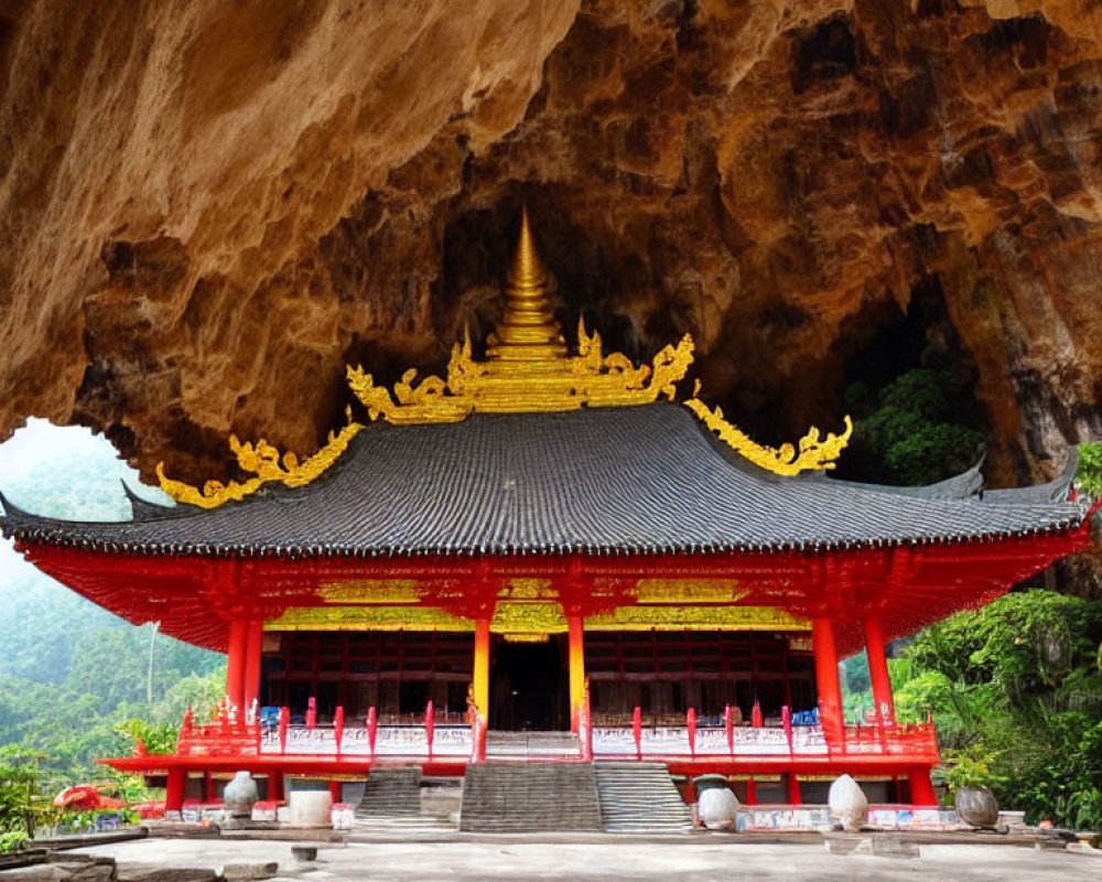 Red Temple with Golden Accents in Natural Cave Amid Lush Greenery